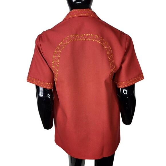 Vintage MCM Wood Buttons Radio Wave Stitch Men's Tiki Rockabilly Camp Shirt L/XL - Picture 3 of 9